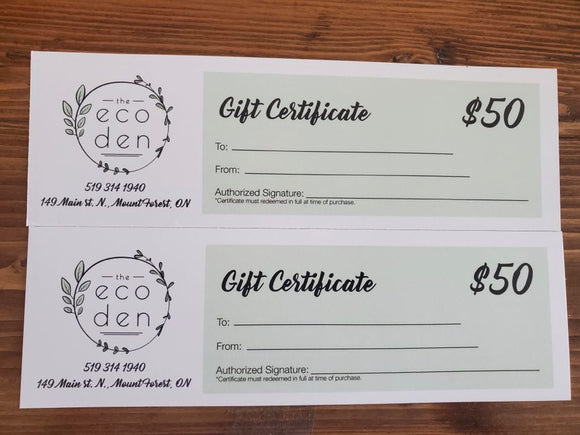 The Eco Den Gift Certificate